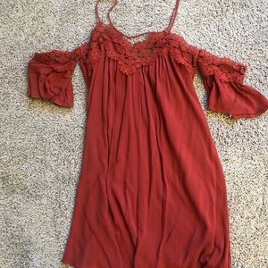 Red off the shoulder dress with lace